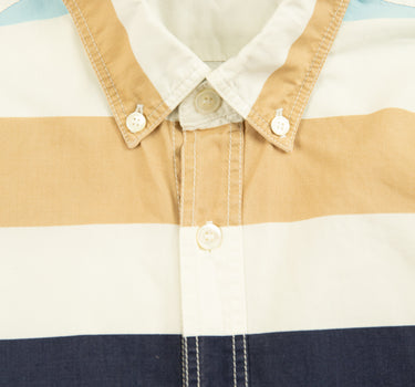 The collar and inside label of the Burberry Striped Short Sleeve Shirt.