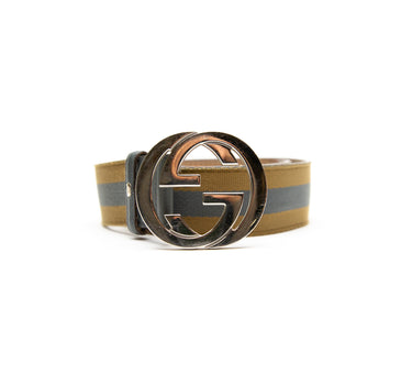 The  of the Gucci Blue & Yellow Striped Canvas Silver GG Buckle Belt.