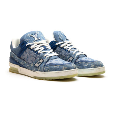 The front of the Louis Vuitton LV Denim Monogram Trainer.
