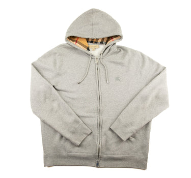 The front of the Burberry Check Hood Grey Zip Hoodie.