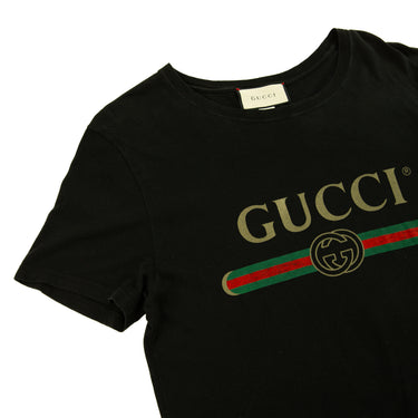 The flat lay of the Gucci Printed Logo Black T Shirt.