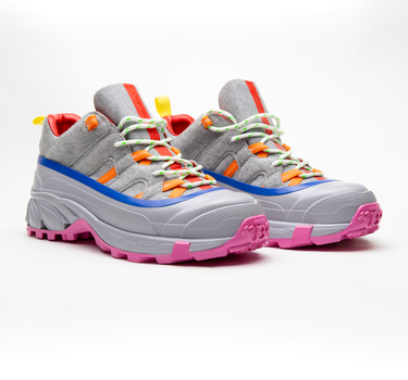 The front of the Burberry Grey Arthur Trainers showcasing a multicolour design with grey, pink, orange, blue, and red accents.