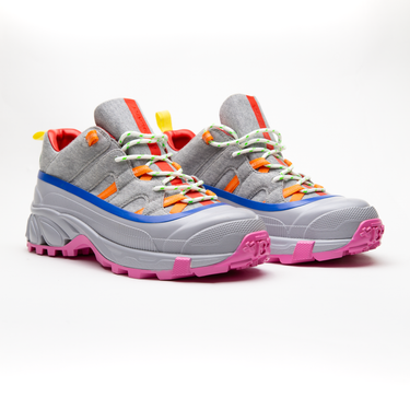 The front of the Burberry Grey Arthur Trainers showcasing a multicolour design with grey, pink, orange, blue, and red accents.