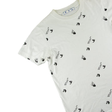 The flat lay of the Off-White White Repeat Logo T Shirt.