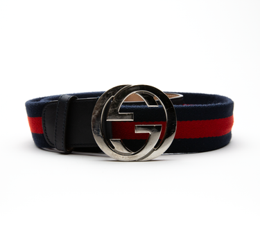 The front of a Gucci Navy & Red Stripe GG Belt in multicolour with the signature navy and red web stripe.