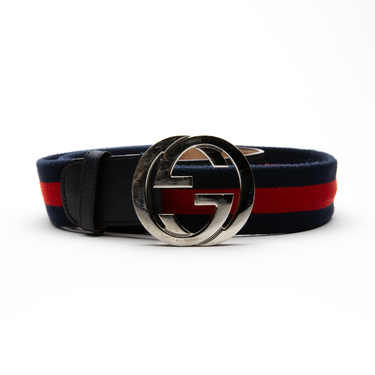 The front of a Gucci Navy & Red Stripe GG Belt in multicolour with the signature navy and red web stripe.
