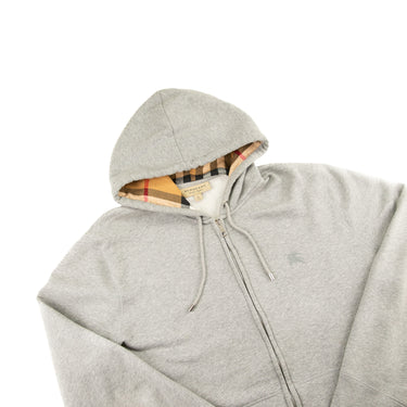The flat lay of the Burberry Check Hood Grey Zip Hoodie.