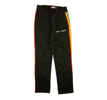 The front of the Palm Angels Rainbow Black Sweatpants.
