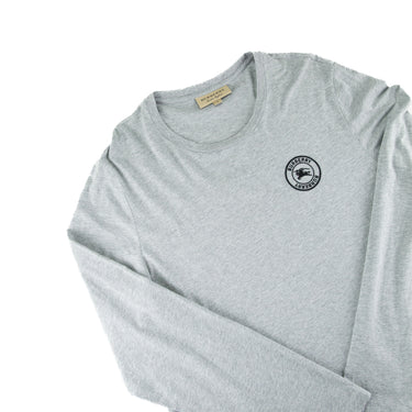The flat lay of the Burberry Grey Embroidered Logo Long Sleeve T Shirt.