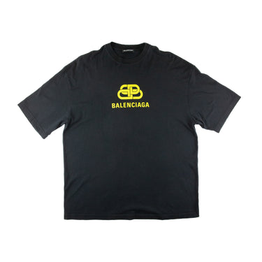 The front of the Balenciaga Yellow BB Logo Black T Shirt.