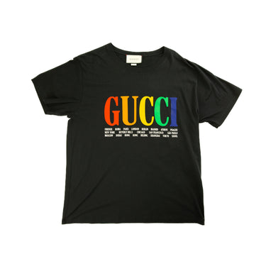 The front of the Gucci Cities Print Black T Shirt.