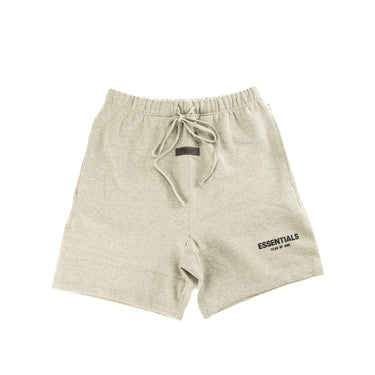 The front of the Fear Of God ESSENTIALS Dark Oatmeal Shorts.