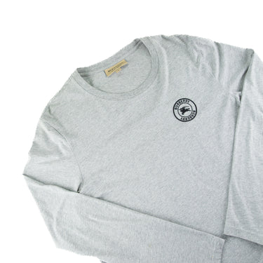 The flat lay of the Burberry Grey Embroidered Logo Long Sleeve T Shirt.