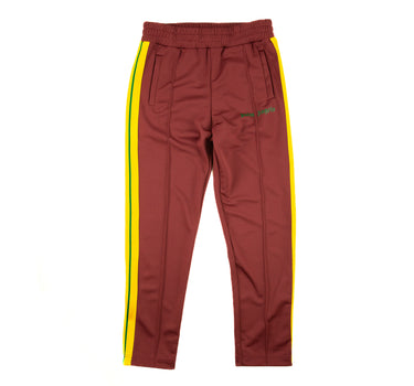 The front of the Palm Angels Burgundy & Yellow Sweatpants.