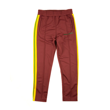 The front of the Palm Angels Burgundy & Yellow Sweatpants.
