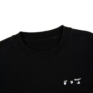 The collar and logo of the Off-White Mini Hand Logo Black Sweatshirt .