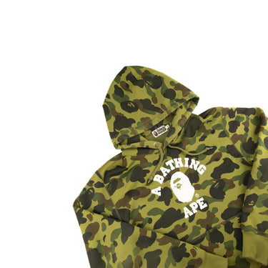 The flat lay of the A Bathing Ape 1st Camo Green College Hoodie.