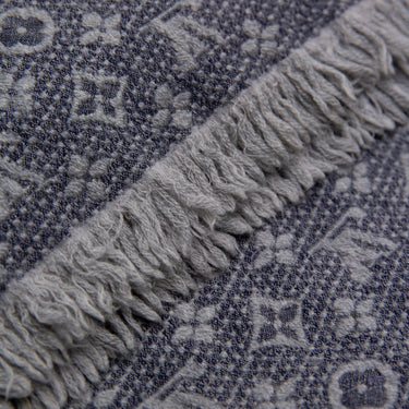 The fringe detail of the Louis Vuitton Grey Monogram Scarf.