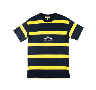 The front of the Burberry Embroidered Logo Yellow Navy Striped T Shirt.