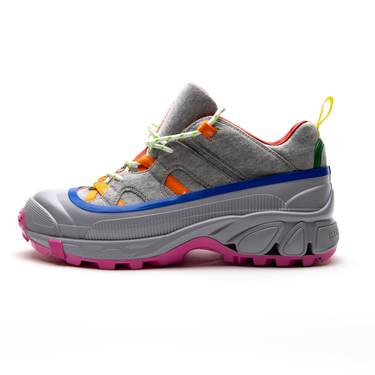 The left side of the Burberry Grey Arthur Trainers featuring a detailed view of the multicolour pattern in grey, pink, orange, blue, and red hues.
